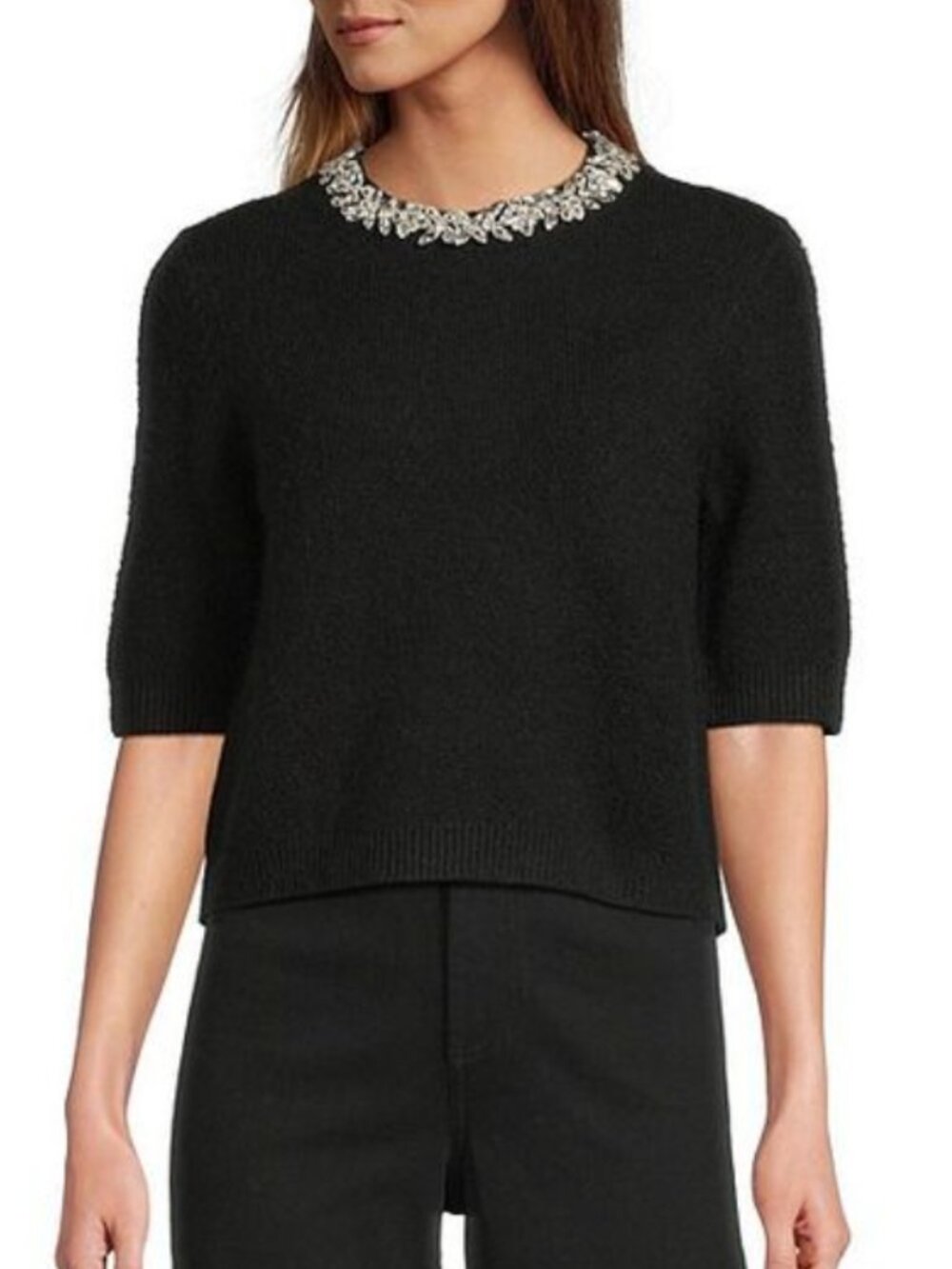 Antonio Melani Kourtney Wool Blend Jeweled Crew Neck Sweater – Black – Size S (B